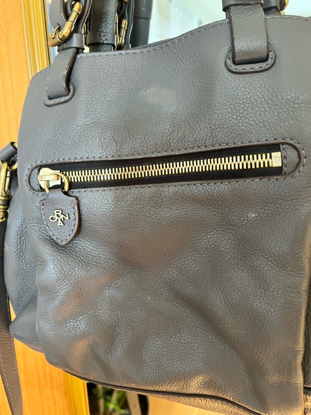 orYANY Slate Gray Leather Shoulder Bag with Gold Hardware - Picture 11 of 13